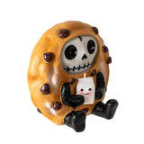 Donut-shaped character with a skeleton face holding a small character on a white background