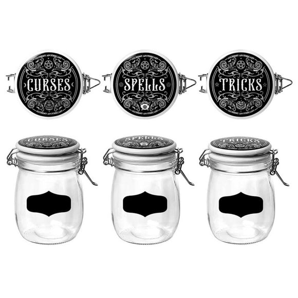 Set of glass jars with black labels on lids and sides, featuring text like 'Curses', 'Spells', and 'Tricks'.