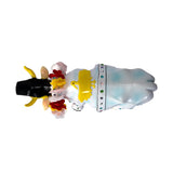 A decorative cow figurine with a white body, light blue shading, a yellow plow, a black hat, and colorful flowers on its horns, shown against a plain white background.