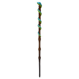 A dark brown wooden staff or wand featuring a green and turquoise blue serpent wrapped vertically around the upper portion, shown against a plain white background.
