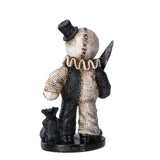 Statue of a ravening figure with a top hat and cane on a white background