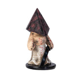 Figurine with pyramid-shaped head and black cross on a white background