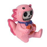 Pink skeleton axolotl figurine with a blue bow tie and small orange fish on a white background