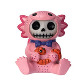 Pink skeleton figurine with flower-like arms and a bow tie on a white background