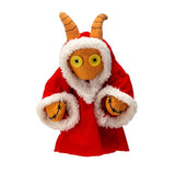 Stuffed toy with a red outfit, yellow eyes, and orange horns on a white background