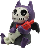 Skeleton character with purple accents and a red weapon on a white background