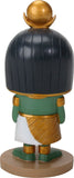 A stylized bobblehead figurine of a character seen from the back, featuring a large black striped helmet with a gold top, green shoulders and feet, a white skirt, and a gold-and-white patterned skirt panel, standing on a round base.