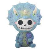 Blue dinosaur-like figurine with skull design holding a small purple creature on a white background
