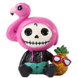 Skeleton figure with pink flamingo hood, sunglasses, and pineapple on a white background