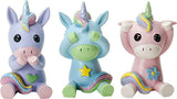 Three colorful unicorn figurines with rainbow hair and different colored bodies.