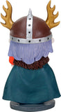 A small stylized figurine of a Viking character shown from the back, wearing a brown helmet with gold antlers, a silver band, a purple beard, a brown fur-like collar, and a teal-blue robe on a dark base.