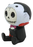 Skeleton character with a bow tie and black suit on a white background