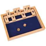 A wooden Montessori-style number sorting game with natural wood blocks numbered 1 through 9, a dark blue felt tray, and two wooden dice on a white background.