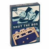 Box of Shut the Box game with dice and wooden board design.