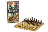 A wooden chess set shown with its retail box on a plain white background. The set includes a checkered board, dark and light wooden chess pieces, and the product packaging featuring a retro-style chess design.