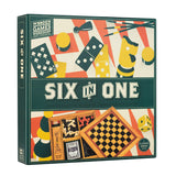 Box of 'Six in One' wooden games set with colorful graphics on a white background