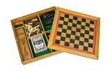 Wooden game set with checkers, chessboard, and cards in a box