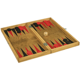 An open wooden backgammon board with red and black triangular points, black and red checkers, and a white die on a plain white background.