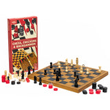 A classic wooden checkers and backgammon set displayed with its red retail box on a white background. The set includes a wooden game board with black and cream checkers, additional red and black checkers, dice, and the product packaging.