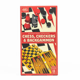 The retail packaging box for 'Chess, Checkers & Backgammon' by the Wooden Game Workshop. The box features a vintage-style illustration with a red border, showing chess pieces and checkered boards on a cream background.