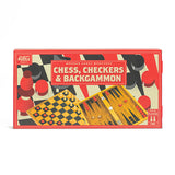 Chess, Checkers & Backgammon wooden game set in its red retail box, featuring vintage-style illustrations of chess pieces and game boards on a white background.