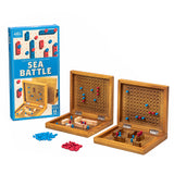 Wooden Sea Battle game set with pieces and packaging on a white background