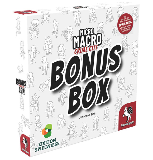 Box for 'Micro Macro Crime City Bonus Box' with character illustrations on a white background