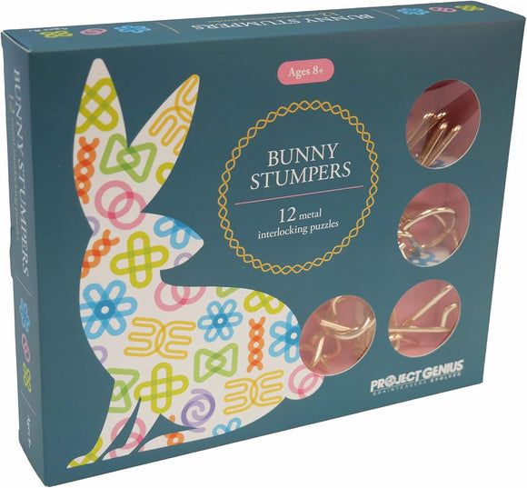 Box of Bunny Stumpers metal interlocking puzzles with colorful rabbit design.