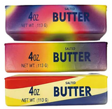 Three stacked packages of 4 oz. salted butter in colorful rectangular tubs with gradient and striped designs in red, yellow, blue, and purple.