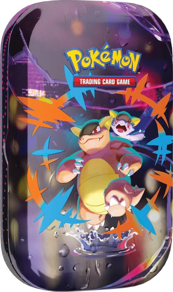 Pokémon Trading Card Game tin with cartoon characters on a dark background