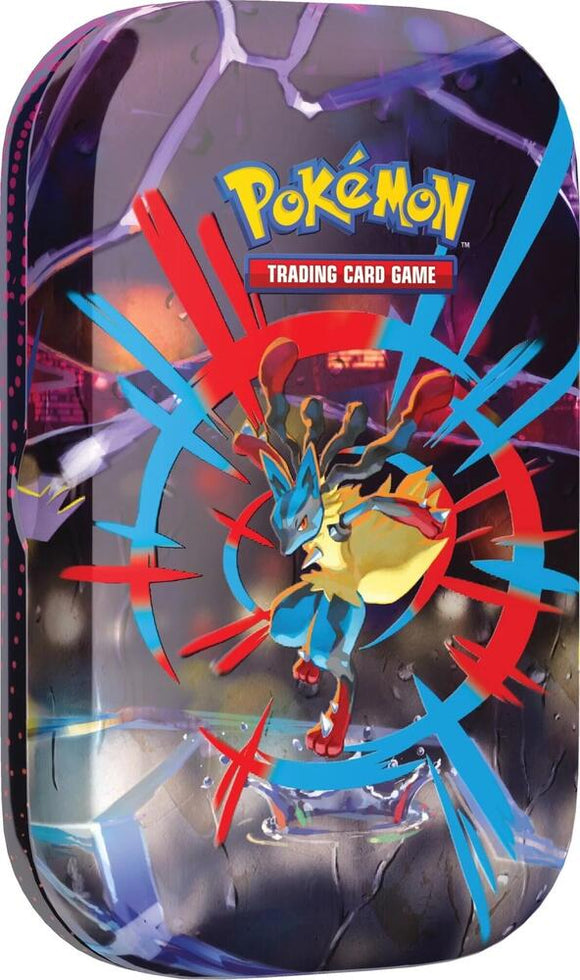 Pokémon trading card game tin with a Pokémon figure on a reflective surface