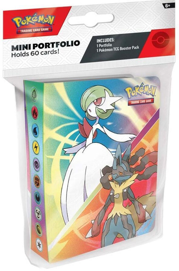 Pokémon trading card game mini portfolio packaging with Pokémon characters on a colorful background.