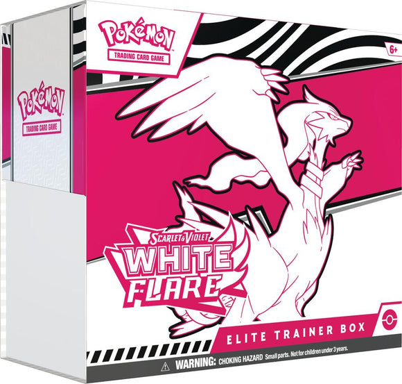 Pokémon trading card game Elite Trainer Box with White Flare design on a pink and white background