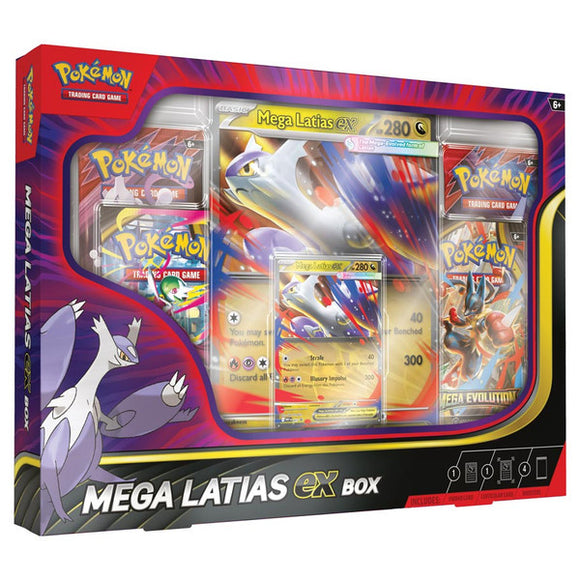 Pokémon Mega Latias EX trading card game box with cards and artwork.