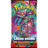 Pokémon trading card game pack with colorful design and Mega Evolution Chaos Rising text.