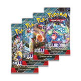 Three Pokemon trading card game packs featuring 'Stellar Crown' and 'Stella' on a white background.