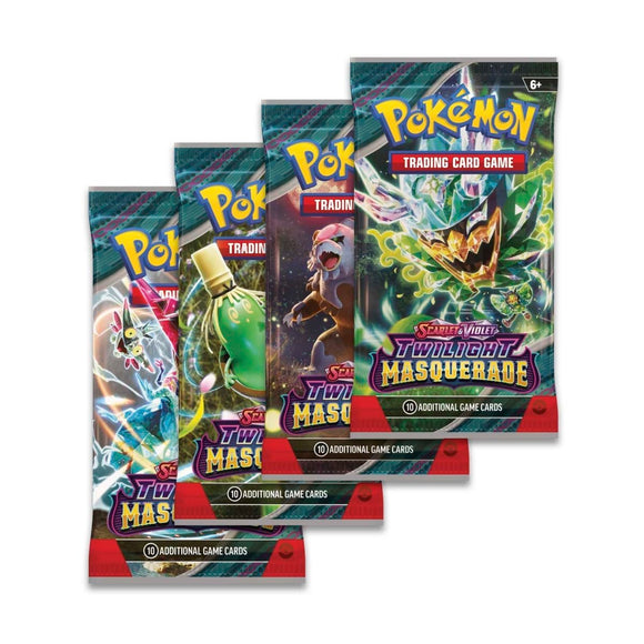 Three packs of Pokémon Trading Card Game 'Twilight Masquerade' on a white background