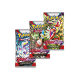 Three Pokémon trading card packs from the Scarlet & Violet series on a white background