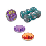 Set of dice with different colors and numbers on a white background