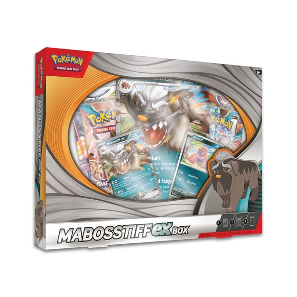 Pokémon Mabosstiffex trading card game box with artwork of a large creature on a white background