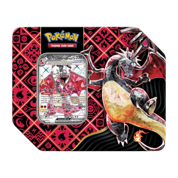 Pokémon trading card game packaging with a card and a dragon-like creature illustration on a red and black patterned background.