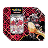 Pokémon trading card game packaging with a card and a dragon-like creature illustration on a red and black patterned background.