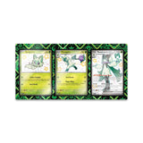 Three trading cards featuring animated characters on a green and white background