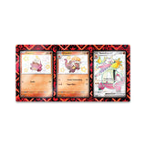 Three trading cards displayed in a holder with decorative border