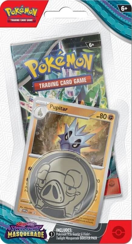 Pokémon trading card game packaging with a card featuring a Pupitar character.