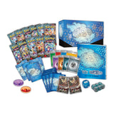 Collection of trading cards and game components with a blue and white design on a white background