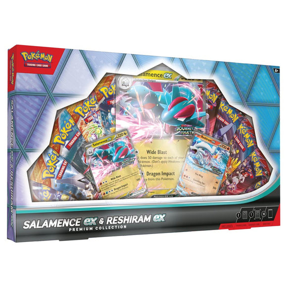Pokémon trading card game box featuring Salamence ex and Reshiram ex on a white background