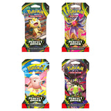 Four packages of Pokémon trading card game packs on a white background