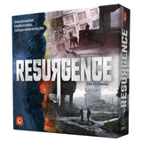 Board game box titled 'Resurgence' with dystopian scene on cover