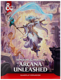 Front cover of the Dungeons & Dragons: Arcana Unleashed tabletop gaming expansion, featuring fantasy artwork of a floating female druid-like character with a staff and flowing blue and white garments against a cityscape, with the Dungeons & Dragons logo at top left and the title at bottom.